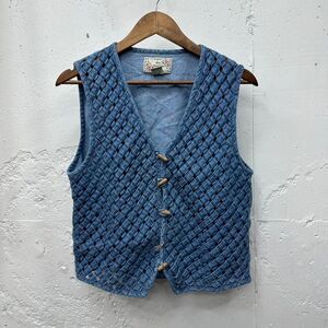 Vintage Denim Vest with Woven Cutout Details and Wooden Buttons